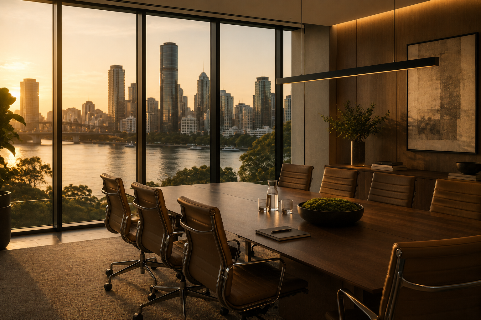 A boardroom at golden hour overlooking the Brisbane river and city skyline
