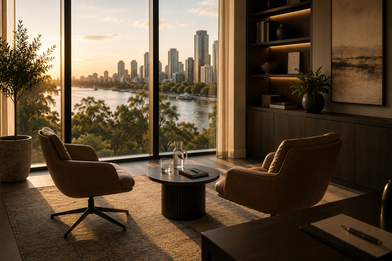 A warmly lit consultation room at golden hour overlooking the Brisbane river and city skyline