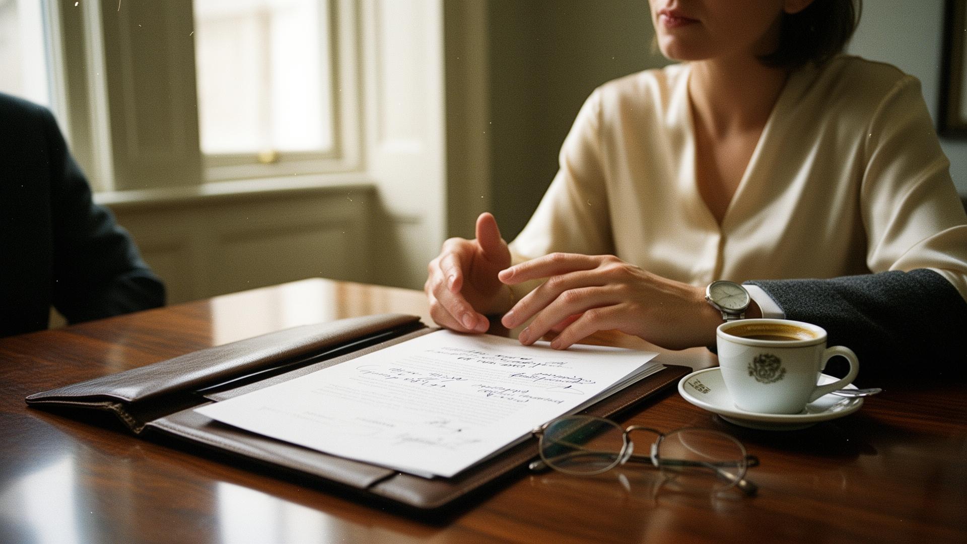 A calm side-angle advisory conversation across a warm timber table with notebook and coffee