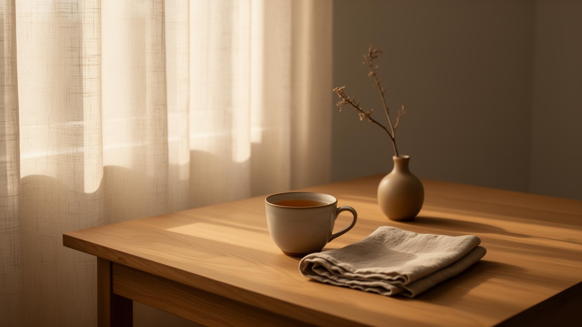 Soft morning light across a quiet wooden table