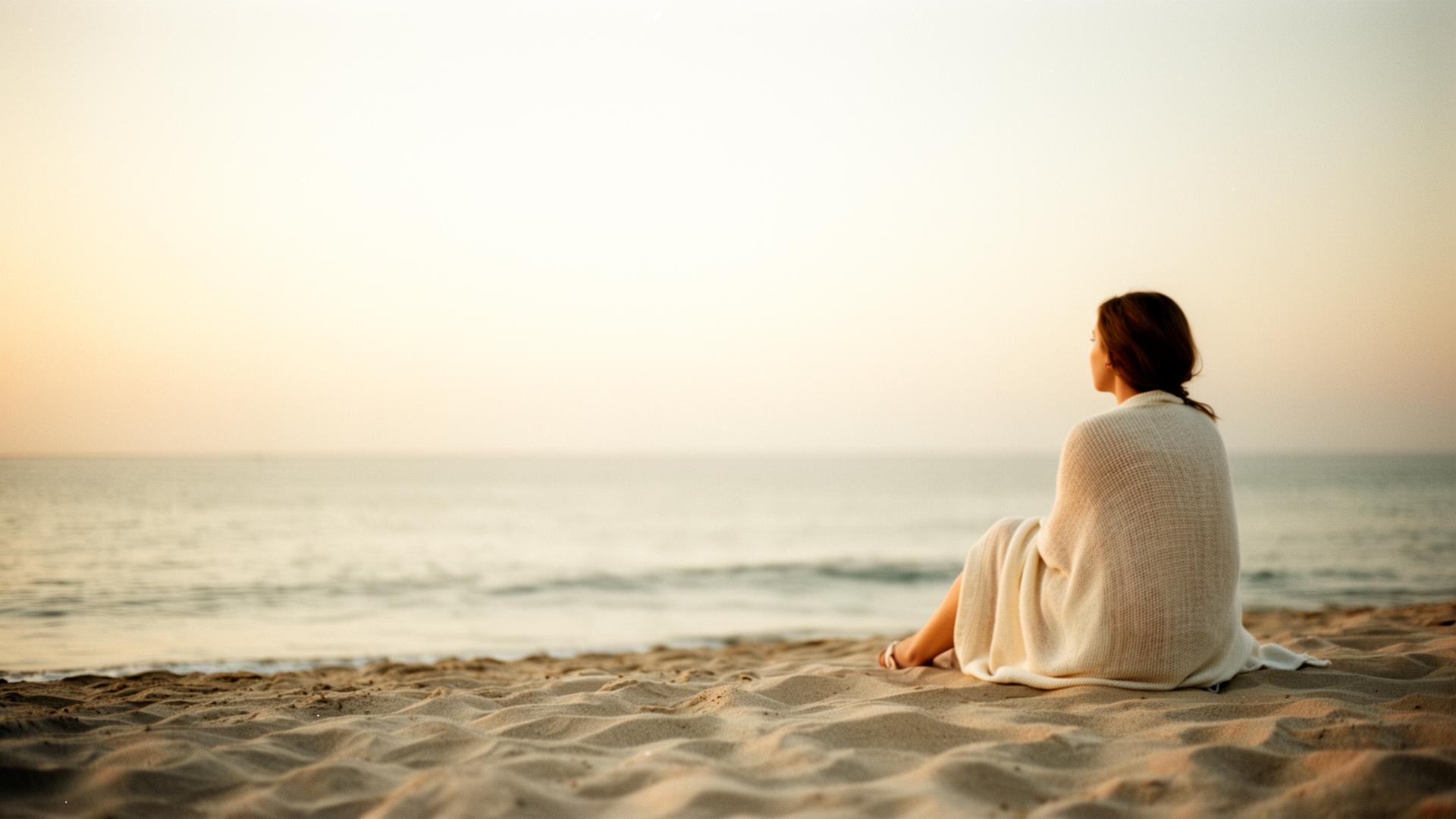 A figure resting on quiet sand in soft warm afternoon light