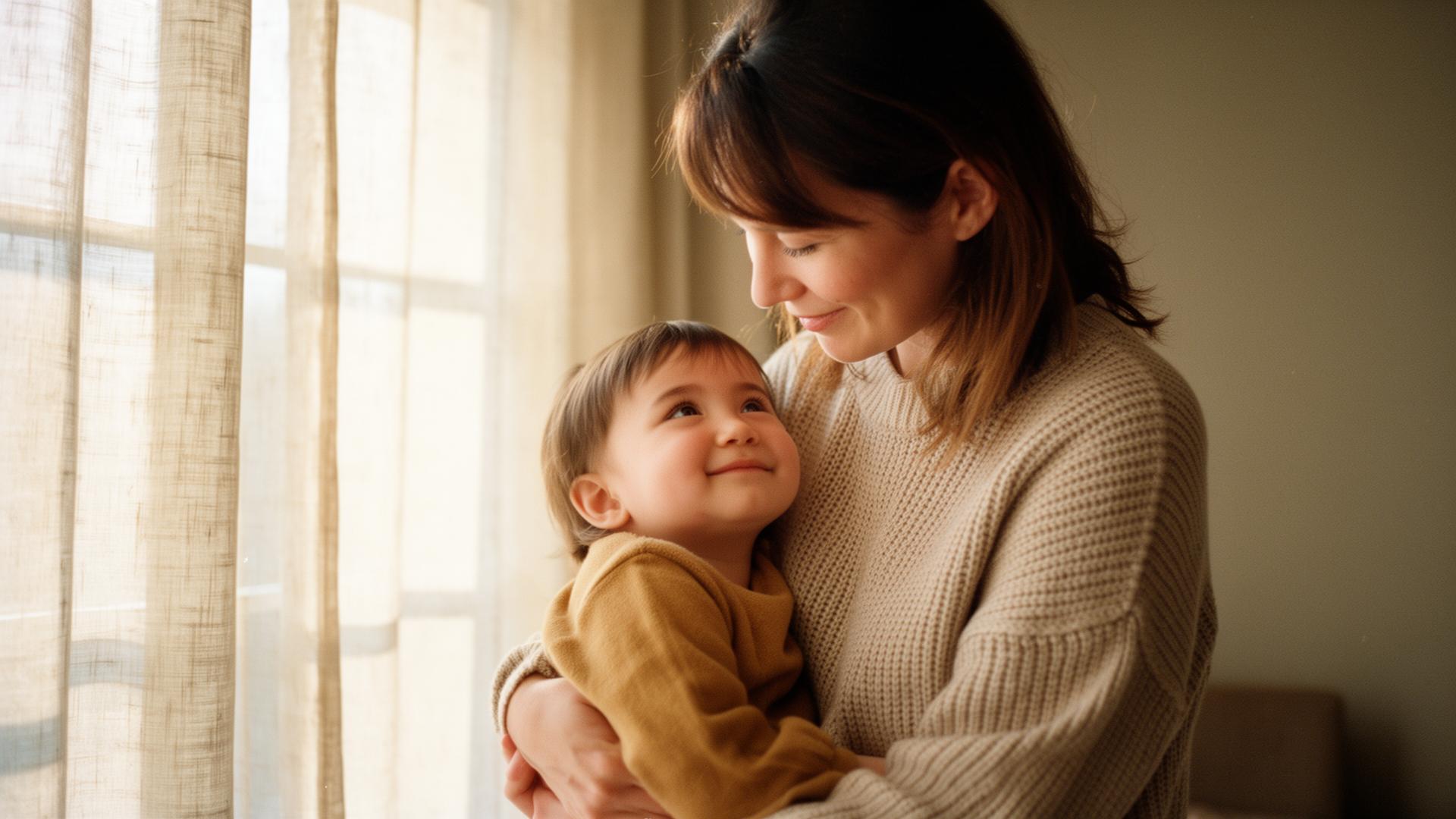 A parent holding a young child in warm window light - calm, connected, safe