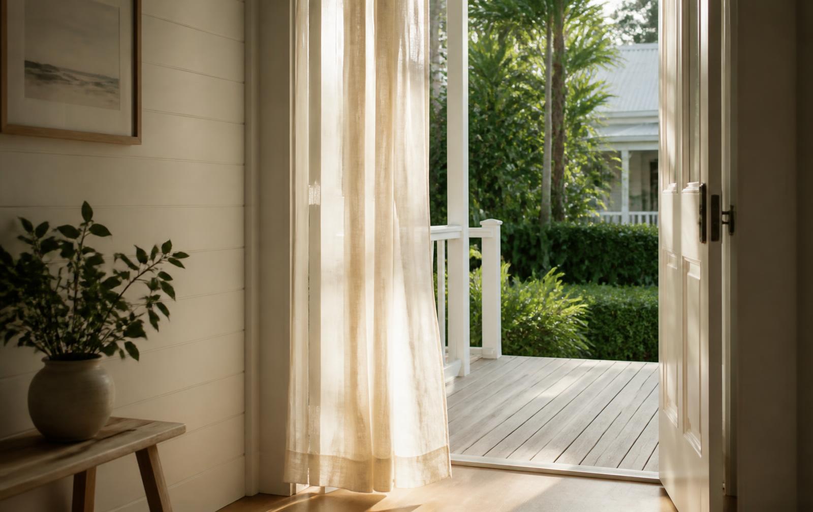 Open doorway of a Brisbane home looking out to a veranda and subtropical garden in soft morning light