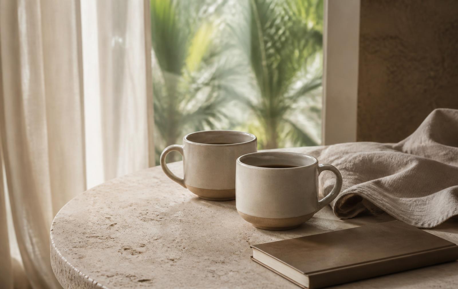 Two cups on a travertine table beside a notebook in soft morning light, subtropical garden beyond the window