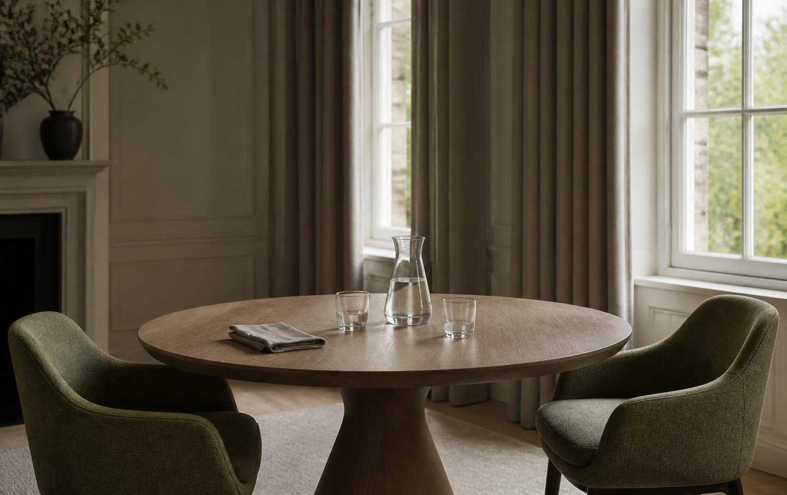 Round timber table with two chairs, a water jug and glasses in a quiet, softly lit meeting room
